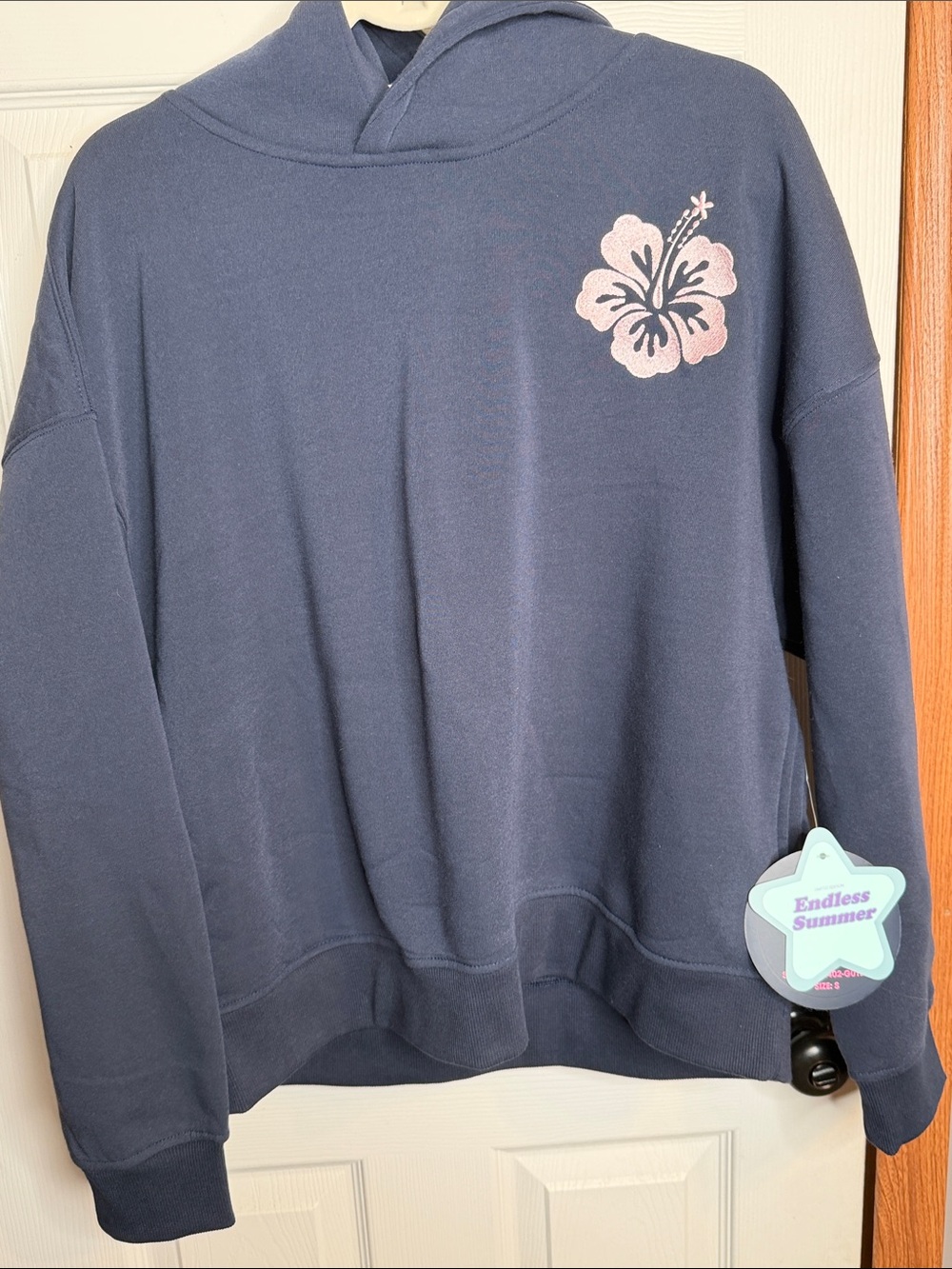 Blue Riot XO Women’s Navy Crewneck Sweatshirt with Pink Hibiscus Graphics !!!!